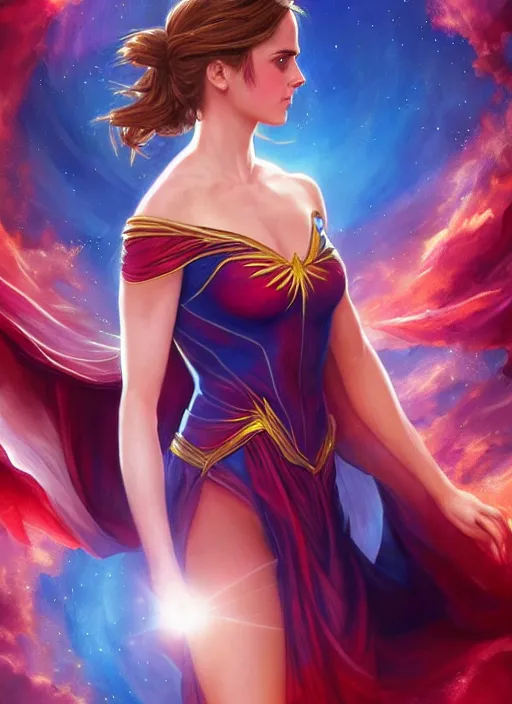 Image similar to emma watson as nature magic celestial, superwoman pose, long hair, soft red and blue transparent cloth, space, D&D, shiny background, intricate, elegant, highly detailed, digital painting, artstation, concept art, smooth, sharp focus, illustration, artgerm, bouguereau