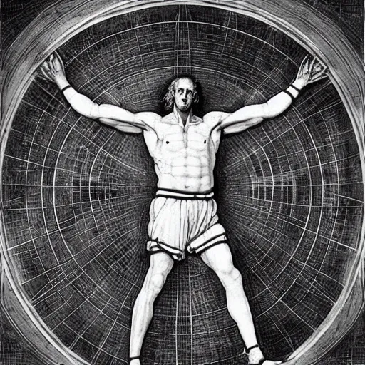 Prompt: Michael Jordan as the Vitruvian Man by leonardo da vinci, detailed, 8k, realistic, intricate blueprint in the style of Franz Xaver Winterhalter