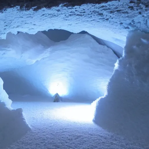 Prompt: a dark ice cave with a glowing ice spike in the center, surreal,