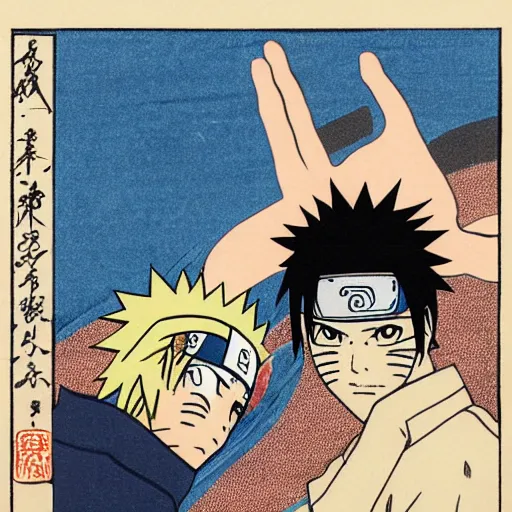 Image similar to portrait of Naruto punching sasuke in a Japanese woodblock art style