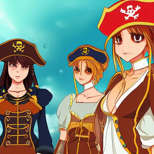 Image similar to two beautiful female pirate captains standing face to face with their crew in the back, detailed anime art