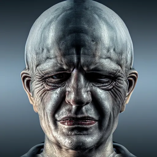 Prompt: photograph of man with HR Giger head, 8k resolution, high detail, ULTRA REALISTIC VFX, reflections, post processing