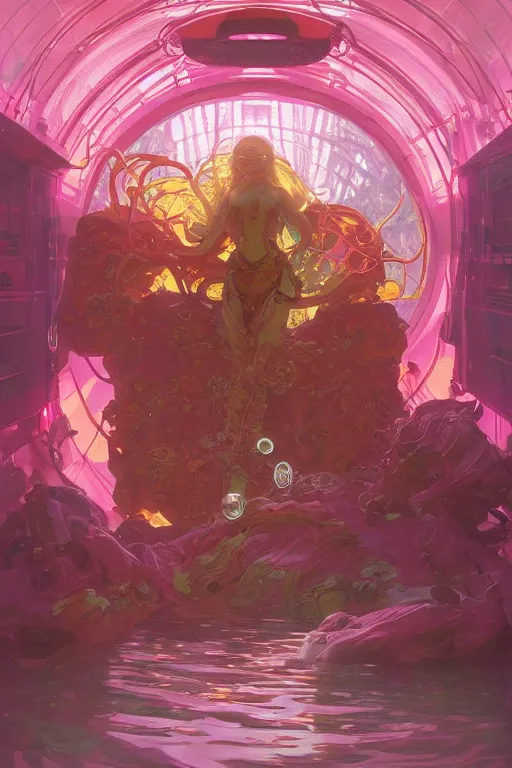 Image similar to interior of a digesting Stomach filled with glowing pink water, Cross section, Claustrophobic, seapunk Mecha , vaporwave , digital art, artstation, by WLOP, Ilya repin, alphonse mucha., Very highly detailed 8K, octane, Digital painting, the golden ratio,