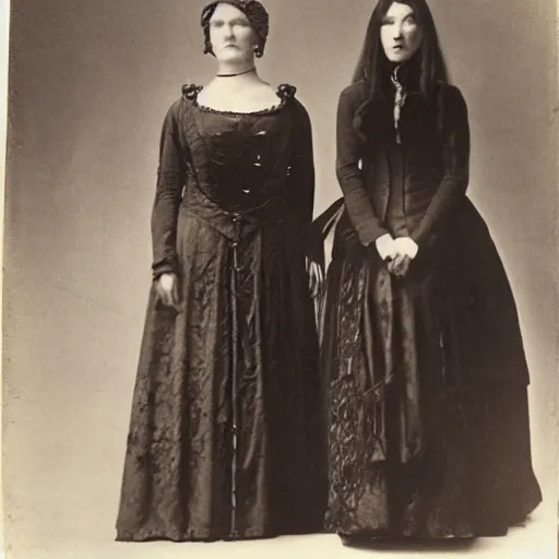 Prompt: tall vampire woman in victorian clothing standing next to normal sized woman