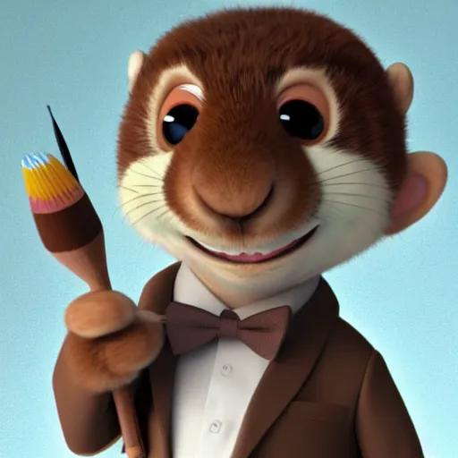 Prompt: cute anthro brown marmot in a suit while holding a pencil, cartoon, digital art, 3 d rendered in octane, pixar character, blender, maya, shadows, lighting