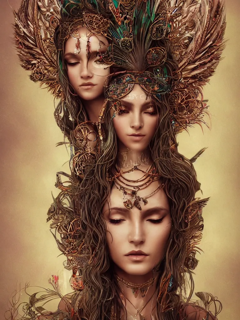 Image similar to a centered render of a single alluring mystical tribal goddess adorned with feathers and gemstones and cables and synthesizer parts is surrounded by sacred geometry made from elven architecture, full body, gorgeous, perfect face, powerful, cinematic, beautifully lit, by artgerm, by karol bak, 3 d, trending on artstation, octane render, 8 k