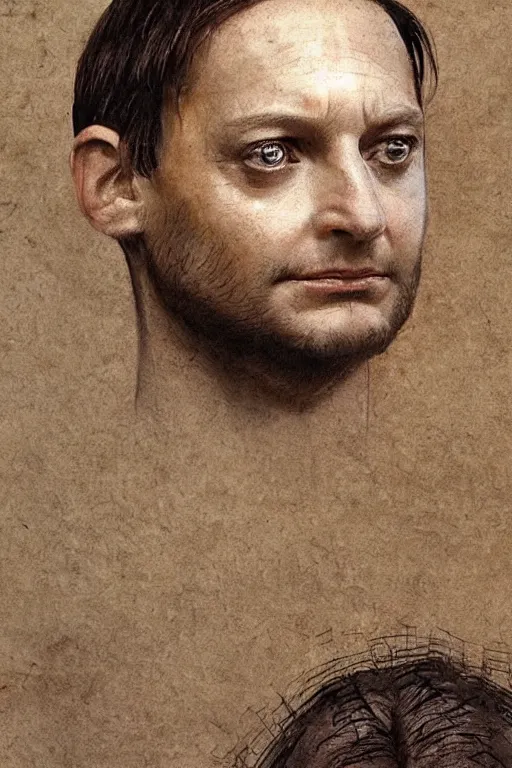 Image similar to tobey maguire as a rough old man in a spider - man suit by leonardo da vinci, very detailed, photograph, realistic