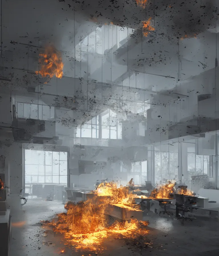 Image similar to a beautiful hyperrealistic detailed 3D render of a burning office interior, by Anton Otto Fischer, Atey Ghailan, genzoman, unreal engine, octane render, gigantic, 3D, brilliantly coloured, intricate, ultra wide angle, trending on artstation, embers, smoke, dust, dusk, volumetric lighting, HDR, polished, micro details, ray tracing, 8k