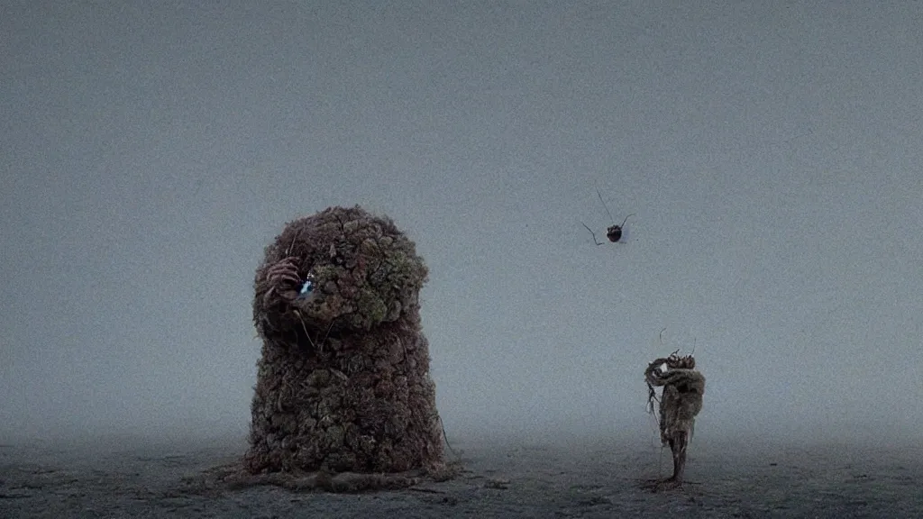 Prompt: the insect eats dinner with us, film still from the movie directed by Denis Villeneuve with art direction by Zdzisław Beksiński, wide lens