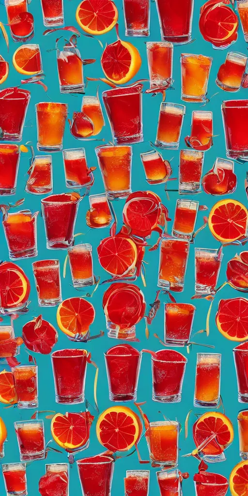 Image similar to a seamless repeating pattern of campari soda, colourful, symmetrical, repeating 35mm photography, in the style of toiletpaper magazine, surreal, high detail, photograph by Pierpaolo Ferrari