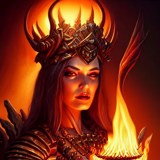 Image similar to Closeup of realistic Sumerian Death Queen with small bones covering vest and flowing fire and smoke , fantasy, intricate, elegant, highly detailed, digital painting, artstation, concept art, matte, sharp focus, illustration, hearthstone, art by Artgerm and Greg Rutkowski and peter mordenbacher