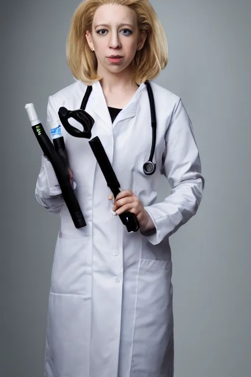 Image similar to elizabeth holmes as a psychopath nurse holding a giant syringe, cosplay, studio lighting