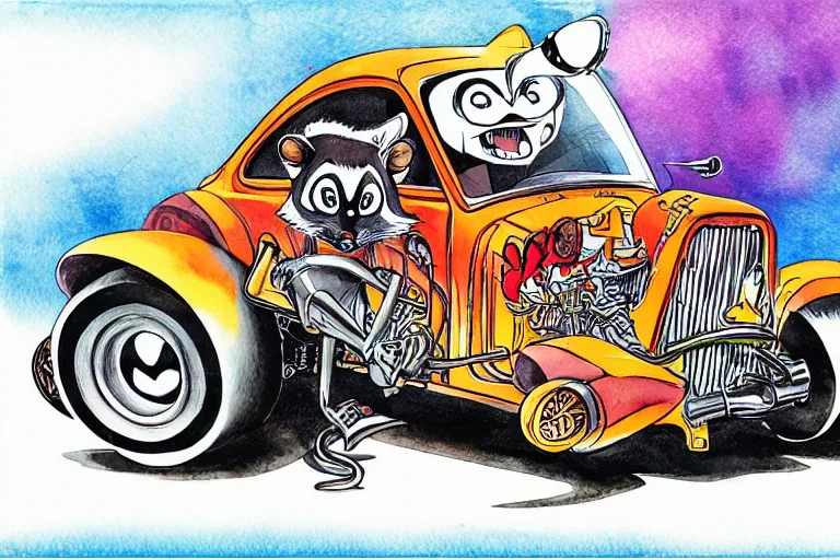 Image similar to racoon riding in a tiny hot rod coupe with oversized engine, ratfink style by ed roth, centered award winning watercolor pen illustration, by chihiro iwasaki, edited by range murata