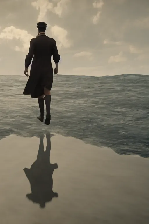 Image similar to Thomas Shelby wearing a Standard diving dress, walking out the ocean, dramatic, realistic, 8k, 4k, unreal engine