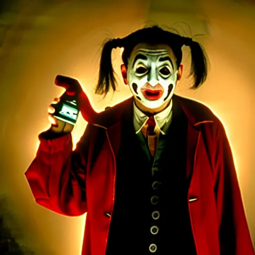 Image similar to mr. bean as jigsaw killer from the saw movies. movie still. cinematic lighting.