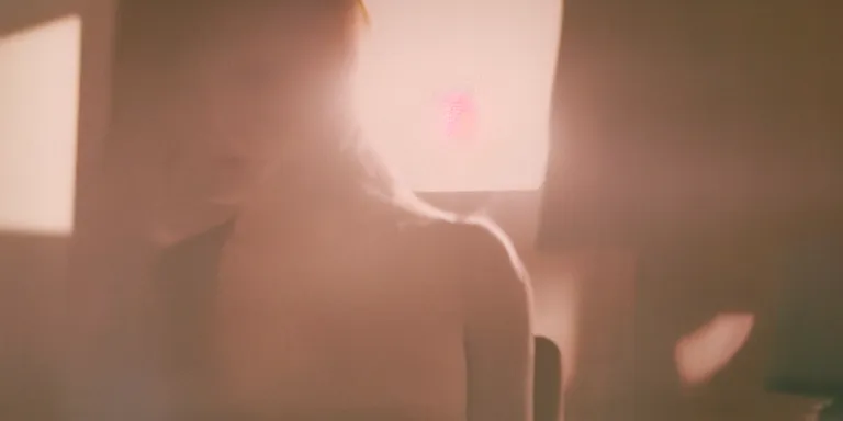 Prompt: photorealistic close up shot Cinematography of a Beautiful photorealistic woman at night in a mid century modern apartment shot on film at magic hour with the sun shining into a room filled with volumetric haze by the shining Cinematographer john alcott on a cooke panchro 18mm lens .