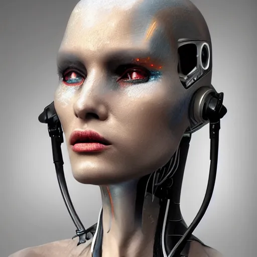 Prompt: dramatic portrait of a humanoid alien creature mixed android , futuristic headset, cyber punk style, highly detailed, digital painting, smooth, sharp, aggressive face, expressive eyes, digital painting, ultrarealistic, 4k, artstation, art by Neville Page and Daytoner