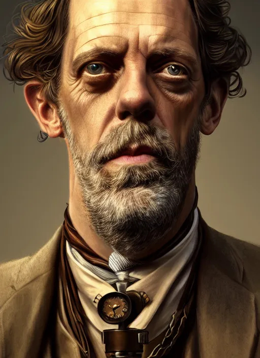 Image similar to steampunk portrait of hugh laurie, au naturel, hyper detailed, digital art, trending in artstation, cinematic lighting, studio quality, smooth render, unreal engine 5 rendered, octane rendered, art style by klimt and nixeu and ian sprigger and wlop and krenz cushart.