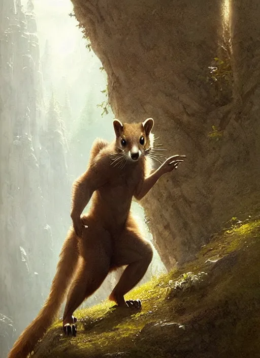 Prompt: a beautiful close - up shot from a fantasy film of a humanoid pine marten wearing a loose white tunic. joseph ducreux, greg rutkowski.