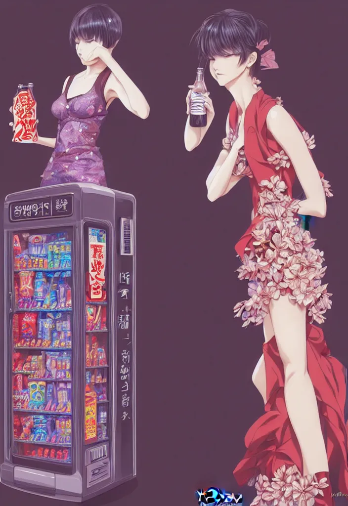 Image similar to two beautiful full body portrait anime females with short hair, fashion model bodies, standing in front of a vending machine in downtown Tokyo, drinking soda, D&D, fantasy, intricate, elegant, highly detailed, digital painting, artstation, concept art, smooth, sharp focus, illustration, art by artgerm and KyuYong Eom and WLOP and Krenz Cushart and greg rutkowski and alphonse mucha