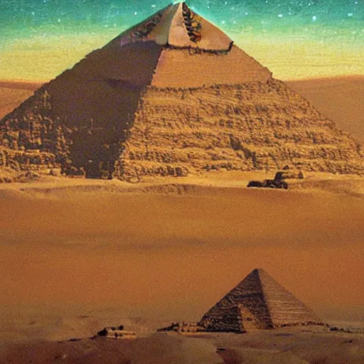 Image similar to ufo over pyramids, egyptian painting