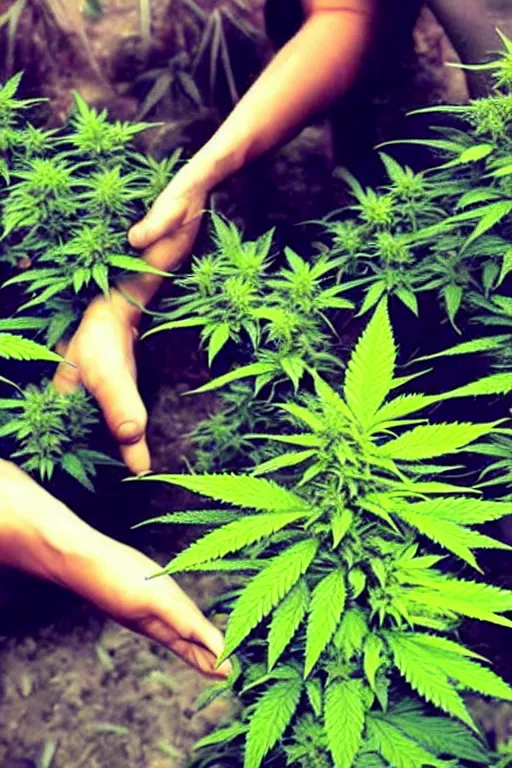 Image similar to devil spreads his hands against the background of growing cannabis.