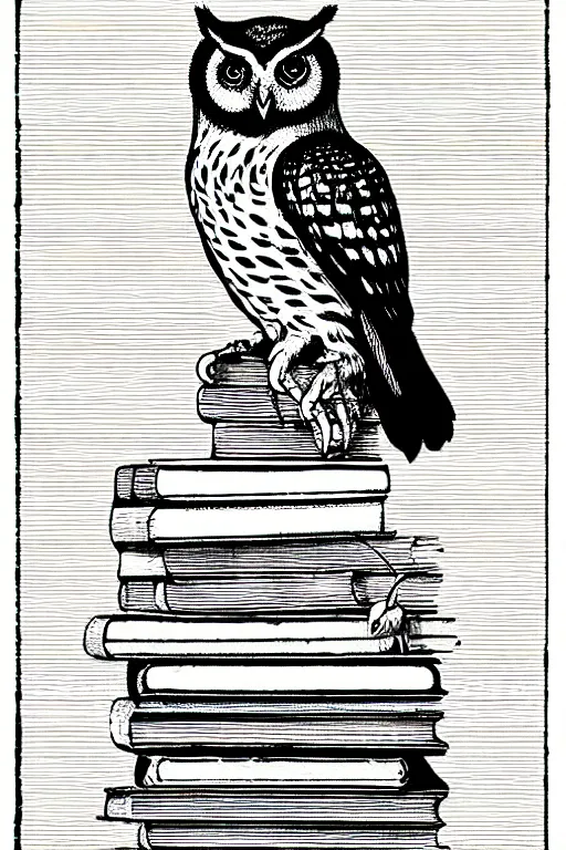 Prompt: owl perched on a stack of books, art by albrecht durer, woodblock print, black and white, vector, vector art