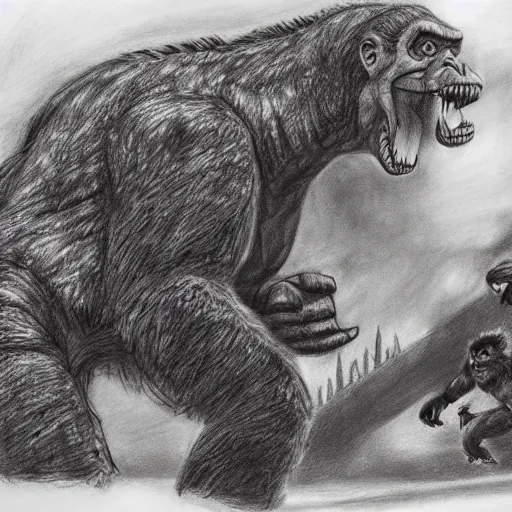 Image similar to Godzilla Fighting King Kong, beautiful, pencil sketch, HD,highly detailed