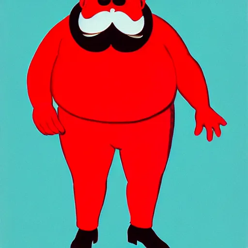 Prompt: a round fat man in a red jumpsuit, wearing shiny black goggles, long pointy pink nose, spikey brown moustache, large cartoonish hands with white gloves