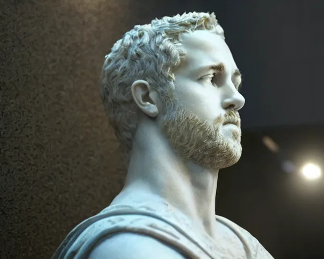 Prompt: a high quality photograph ryan reynolds as a roman marble bust. cinematic lighting.