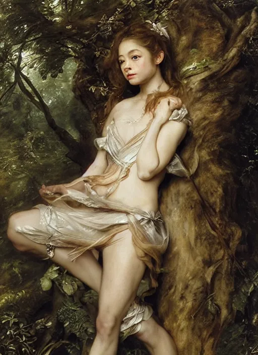 Prompt: barefoot Beautiful fairy teenager, Looks like Kristin Kreuk, In the woods, Dramatic, Edge, Good, Infused, Backlight, De-Noise, VFX, insanely detailed and intricate, hypermaximalist, elegant, ornate, hyper realistic, super detailed, by Anthony Van Dyck, by Ivan Shishkin, by John Constable