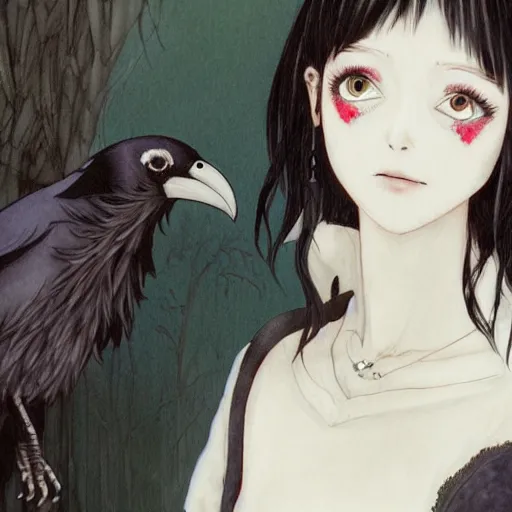 Prompt: dark haired girl, goth style, raven on her shoulder, pale gentle face, intricate detailed outfit, art by sakimichan, studio ghibli