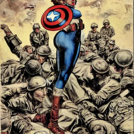 Prompt: female captain america standing on a pile of defeated german soldiers. wwii american propaganda poster by james gurney