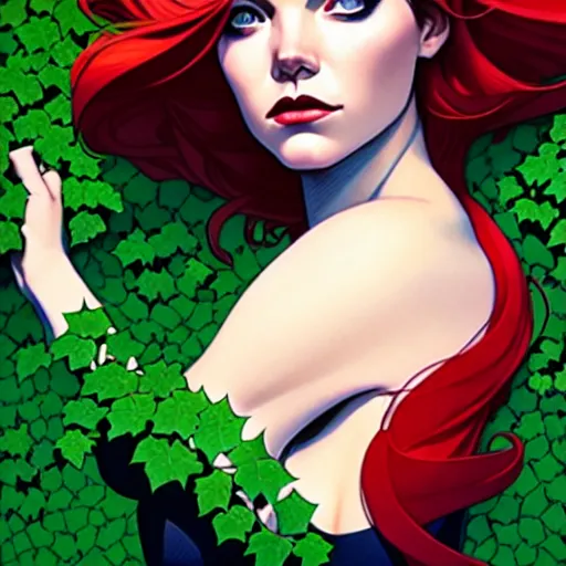 Image similar to joshua middleton, phil noto, artgerm, emma stone poison ivy, vines, symmetrical eyes, city rooftop