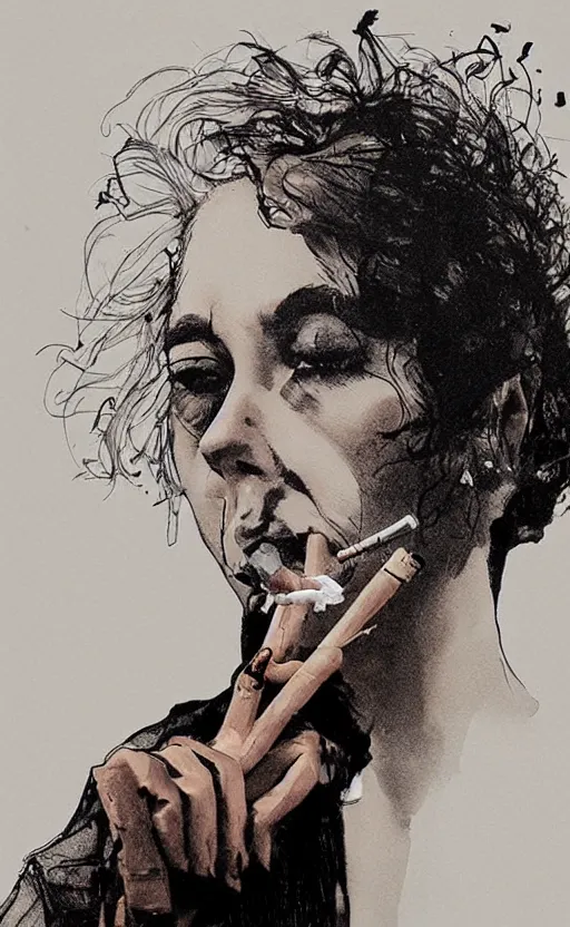 Image similar to woman smoking a cigarette artwork in the style of ralph steadman, 8 k, hyperrealistic, hyperdetailed