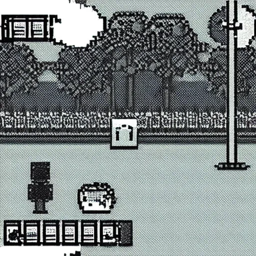 Image similar to gameboy camera dmg gbc photo of a peaceful day at the park. low res 8 - bit chunky monochrome green and black pixel art photography.