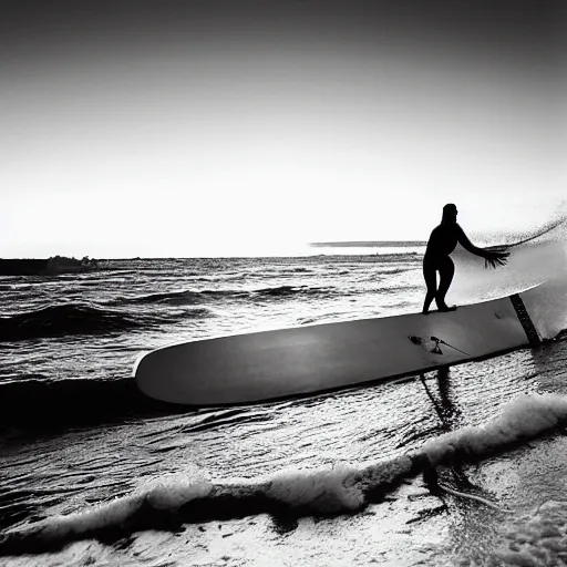 Image similar to a cyborg wearing welding goggles surfs a wave in waimea bay on a 1 0 - foot wooden longboard at sunset, black and white film photograph.