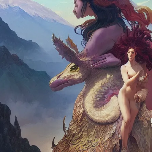 Prompt: mythical creatures, volcanos in the background, highly detailed, digital painting, artstation, concept art, sharp focus, illustration, art by artgerm and greg rutkowski and alphonse mucha,