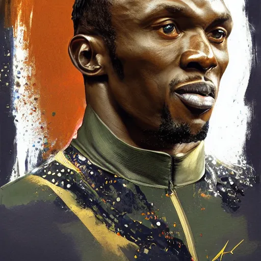 Prompt: a professionally painted portrait of Usain Bolt, clothed in military armor, intricate, elegant, digital painting, trending on Artstation, concept art, smooth, sharp focus, illustration, from Metal Gear by Ruan Jia and Mandy Jurgens and Artgerm and William-Adolphe Bouguerea, award winning