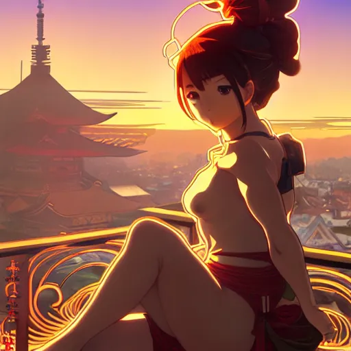 Image similar to digital anime art in the style of netflix arcane, cute female shinobi sitting on an old oriental roof at golden hour, wlop, alphonse mucha, greg rutkowski, ilya kuvshinov, backlit