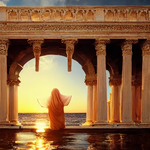 Prompt: A woman wrapped in billowing veils, ankle-deep in water under an archway with two gilded Roman columns made of human bones, sunset, super photo-realistic, detailed, 4k