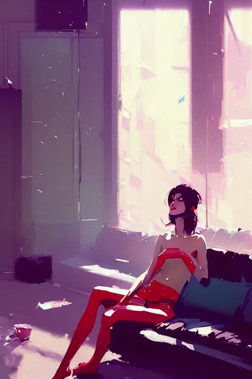 Image similar to a ultradetailed beautiful panting of a stylish woman sitting in a messy apartment, by greg rutkowski, conrad roset and makoto shinkai, trending on artstation