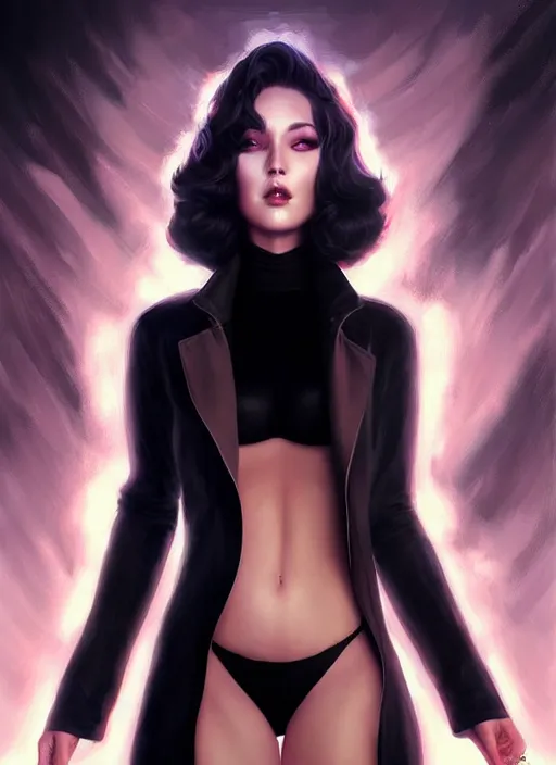 Prompt: lady in black coat and pantyhose in cosmic horror style, giant star, intricate, seductive confident pose, realistic, extremly high detailed, digital painting, art by wlop and artgerm and ross tran and greg rutkowski, charlie bowater