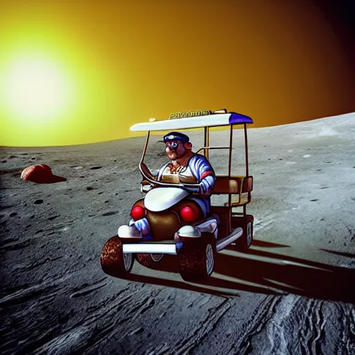 Image similar to wide angle photograph of wario driving a golf cart on the moon, realistic, 4 k, cinematic lighting,