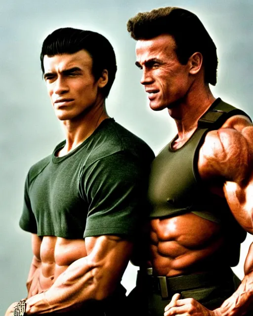 Image similar to young arnold photoshoot of commando versus rambi. young arnold schwarzenegger as matrix, from commando and young sylvester stallone as rambo, photoshoot in the style of annie leibovitz,