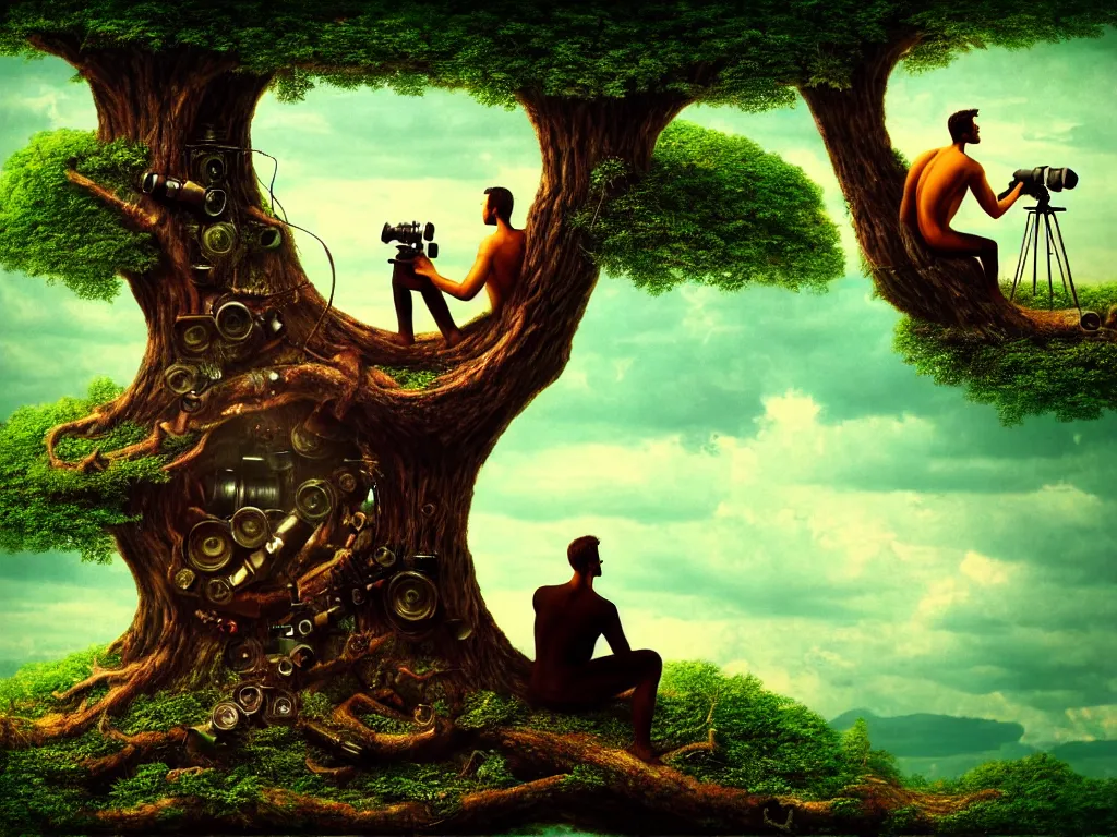 Prompt: highly detailed photo of a man sitting on a tree trunk looking to the left with binoculars, trending on deviantart, neo surrealism, sharp focus, a lot of little details, octane, masterpiece, art by max ernst