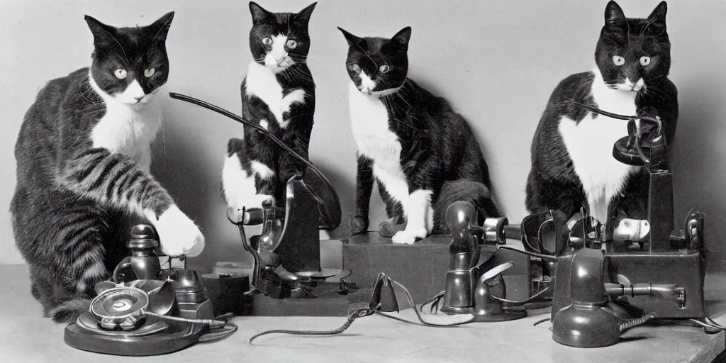 Image similar to an old black and white vintage film photo from 1890, very serious cats working in Tec support, frustrated and annoyed, funny, rotary phone and tools on the desk