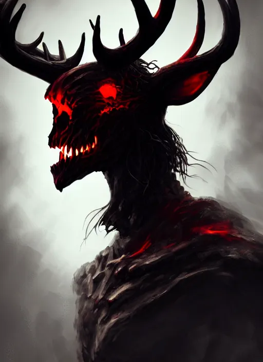 Image similar to demon in the pits of hell with a deer skull as head, ember glowing in eye sockets, headshot photo, character concept, dark souls concept art, Feng Zhu concept art, dramatic lighting, highly stylized, trending on artstation, high-quality wallpaper, desktopography