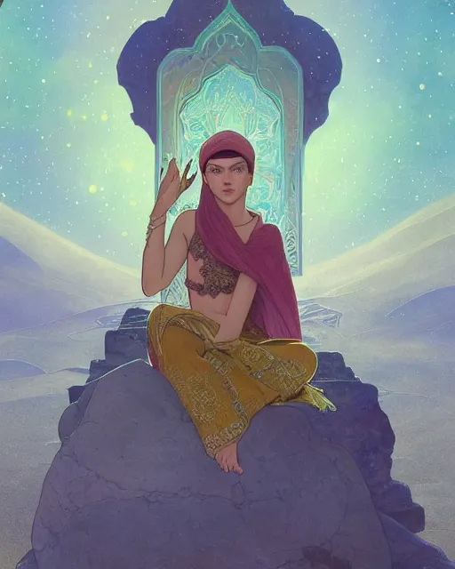 Image similar to an open quran on an old stone in the desert surrounded by nebula, highly detailed, gold filigree, romantic storybook fantasy, soft cinematic lighting, award, disney concept art watercolor illustration by mandy jurgens and alphonse mucha and alena aenami, pastel color palette, featured on artstation