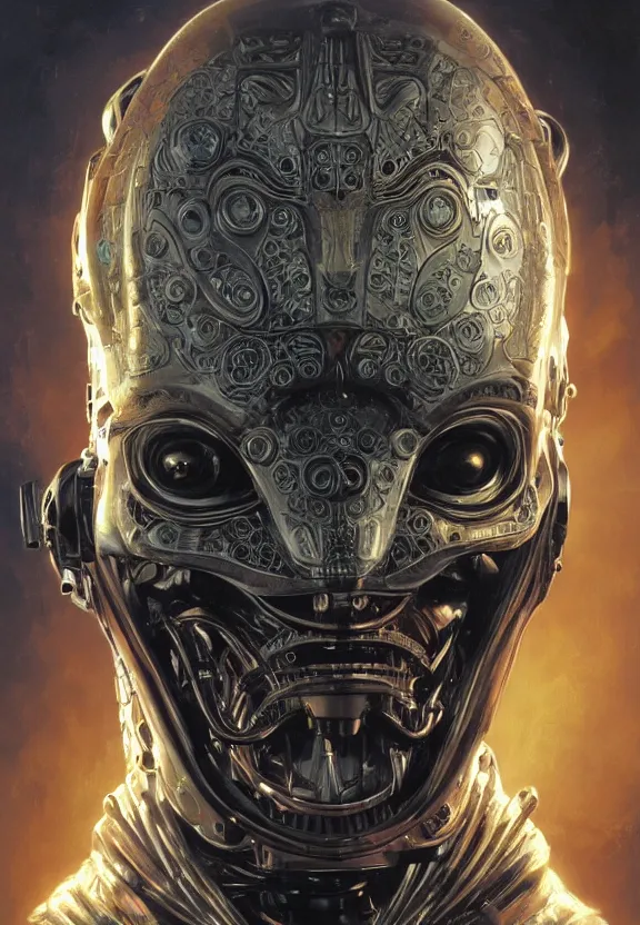 Prompt: perfectly centered portrait, front view of a biomechanical android alien anonymous mask guy fawkes robot, flowing hair, intense stare, sarcastic smile, symmetrical, concept art, intricate detail, volumetric shadows and lighting, realistic oil painting by tim hildebrandt and greg rutkowski,